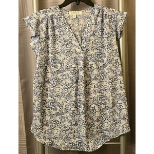 Chaus New York Sz S Women Leafy Blue Blouse V-Neck Cap Short Sleeve Lightweight
